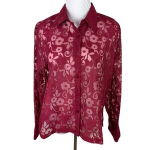 Mirasol Women's Large Burgundy Floral Burnout Linen Blend Button Down Shirt